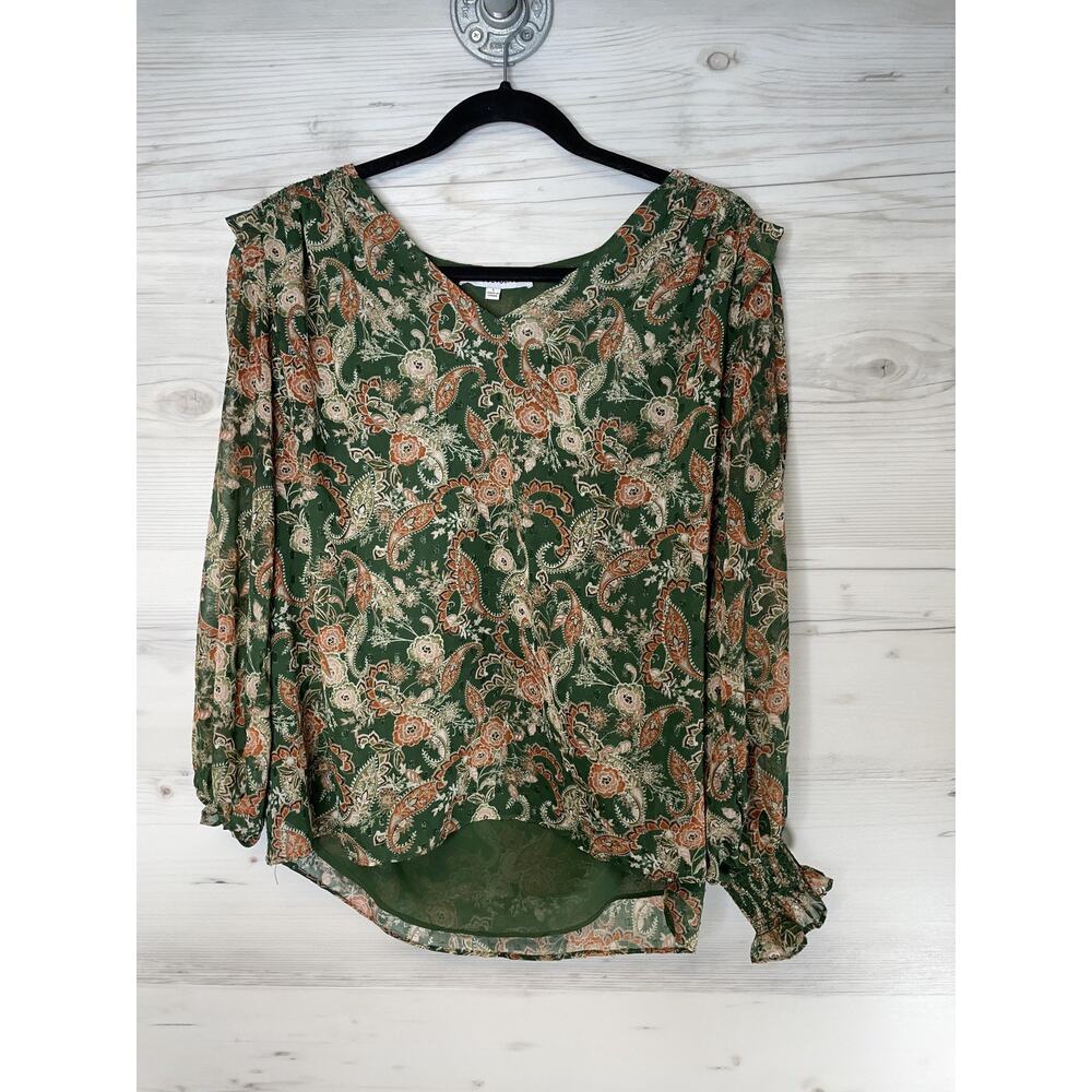 Rose + Olive Blouse Womens Large Green Paisley V-Neck Long Sleeve Lined Boho